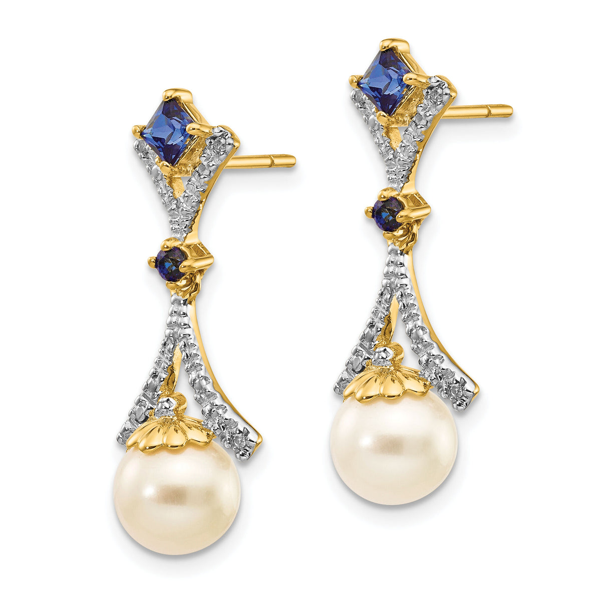 14k 7-8mm FWC Pearl Created Sapphire Diamond Dangle Post Earrings-XE2513AA