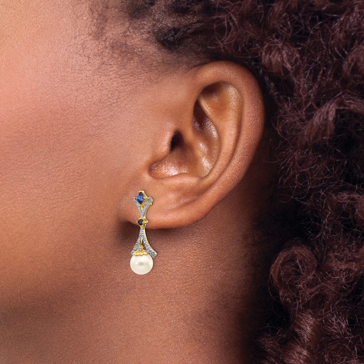 14k 7-8mm FWC Pearl Created Sapphire Diamond Dangle Post Earrings-XE2513AA