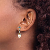 14k 7-8mm FWC Pearl Created Sapphire Diamond Dangle Post Earrings-XE2513AA