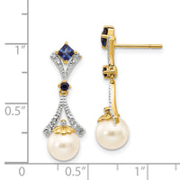 14k 7-8mm FWC Pearl Created Sapphire Diamond Dangle Post Earrings-XE2513AA