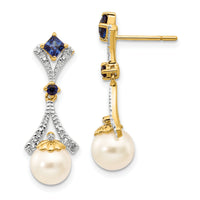 14k 7-8mm FWC Pearl Created Sapphire Diamond Dangle Post Earrings-XE2513AA