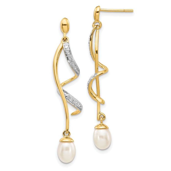 14k 7x5mm White Teardrop FWC Pearl .01ct Diamond Dangle Earrings-XE2514AA