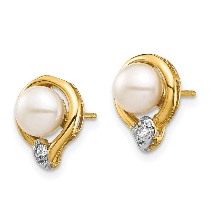 14K 5-6mm White Button FW Cultured Pearl .02ct Diamond Post Earrings-XE3234AA