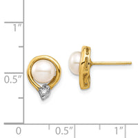 14K 5-6mm White Button FW Cultured Pearl .02ct Diamond Post Earrings-XE3234AA
