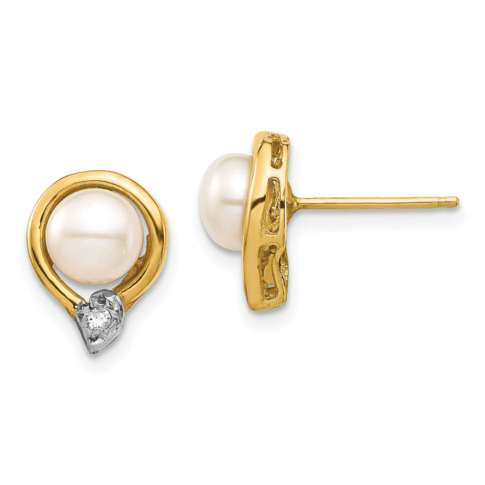 14K 5-6mm White Button FW Cultured Pearl .02ct Diamond Post Earrings-XE3234AA