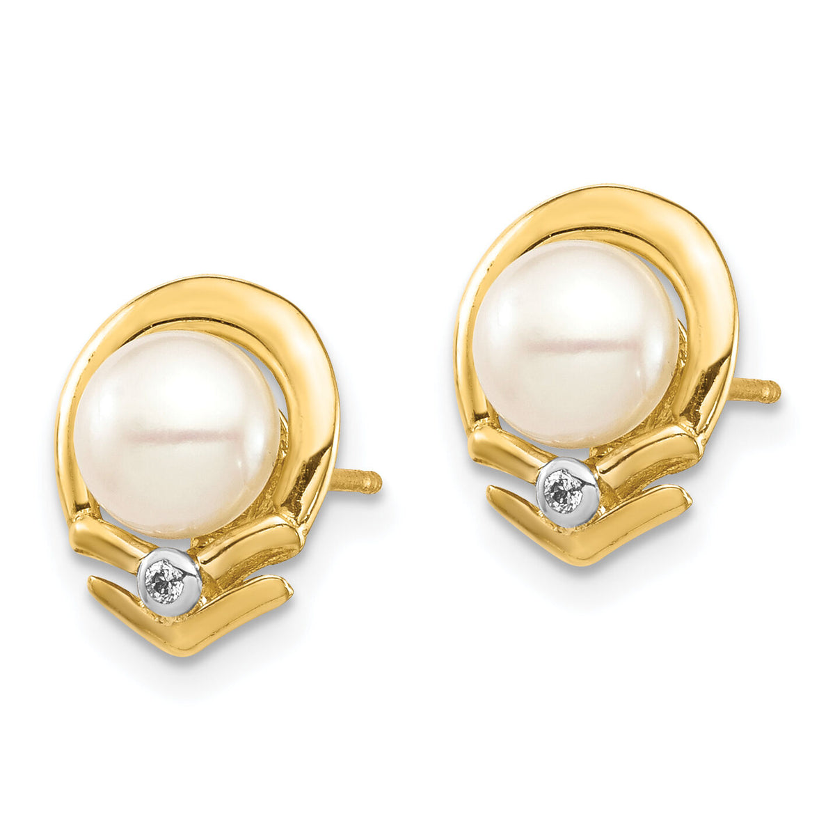 14K 5-6mm White Button FW Cultured Pearl .02ct Diamond Post Earrings-XE3235AA