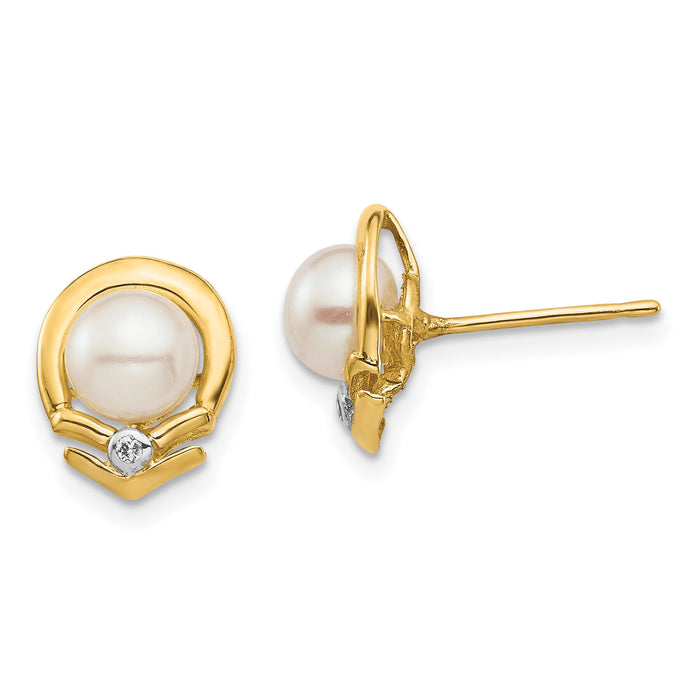 14K 5-6mm White Button FW Cultured Pearl .02ct Diamond Post Earrings-XE3235AA