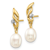 14K 5-6mm White Rice FW Cultured Pearl .02ct Diamond Dangle Earrings-XE3236AA
