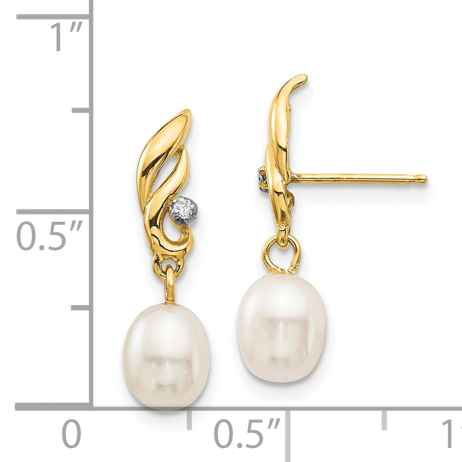14K 5-6mm White Rice FW Cultured Pearl .02ct Diamond Dangle Earrings-XE3236AA