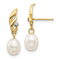 14K 5-6mm White Rice FW Cultured Pearl .02ct Diamond Dangle Earrings-XE3236AA