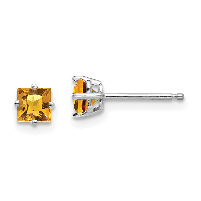 14k White Gold 4mm Princess Cut Citrine Earrings-XE60WCI
