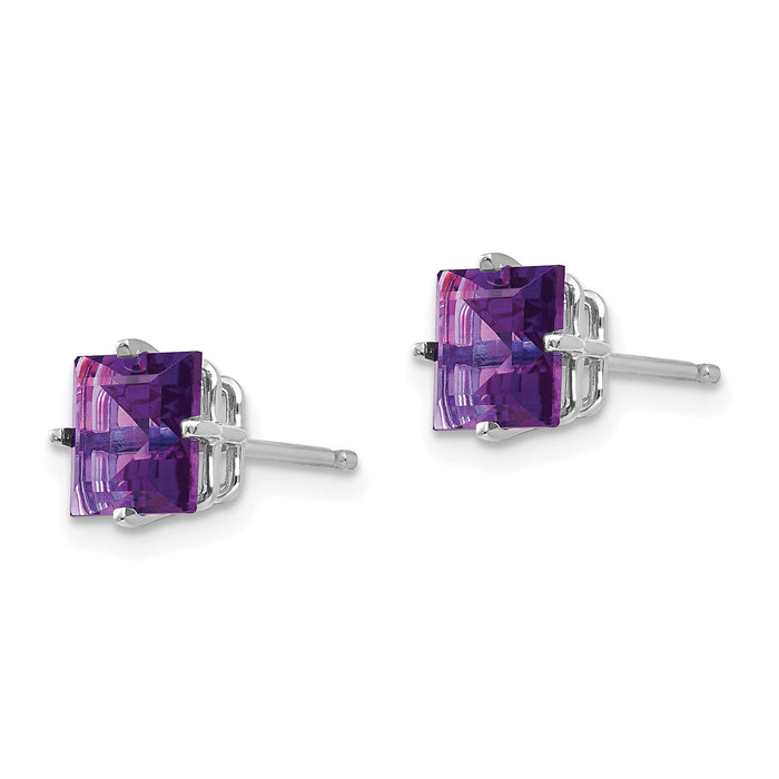 14k White Gold 6mm Princess Cut Amethyst Earrings-XE62WAM