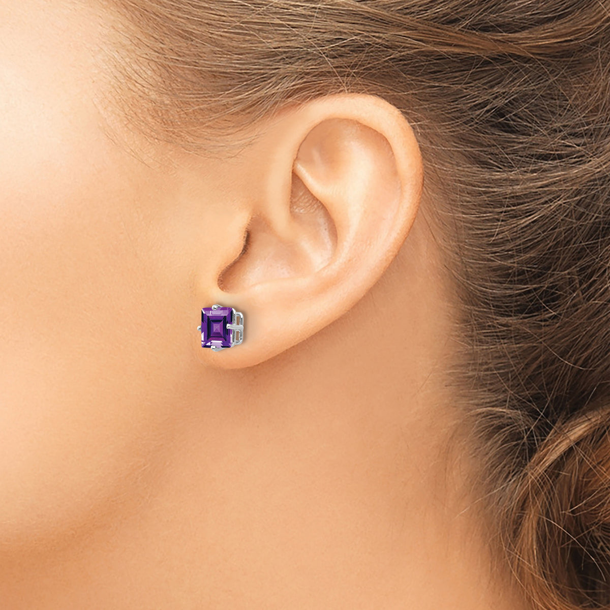 14k White Gold 7mm Princess Cut Amethyst Earrings-XE63WAM