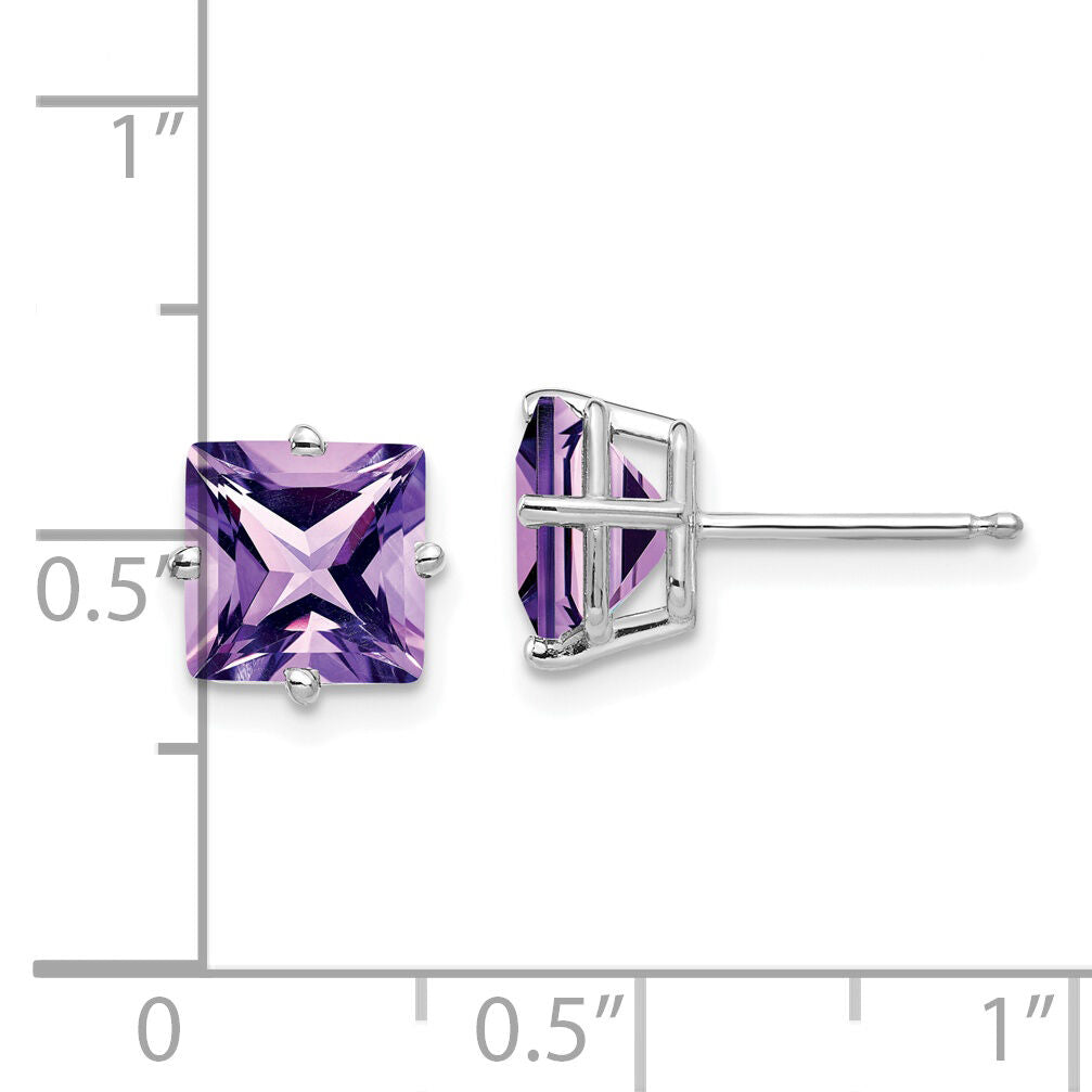14k White Gold 7mm Princess Cut Amethyst Earrings-XE63WAM
