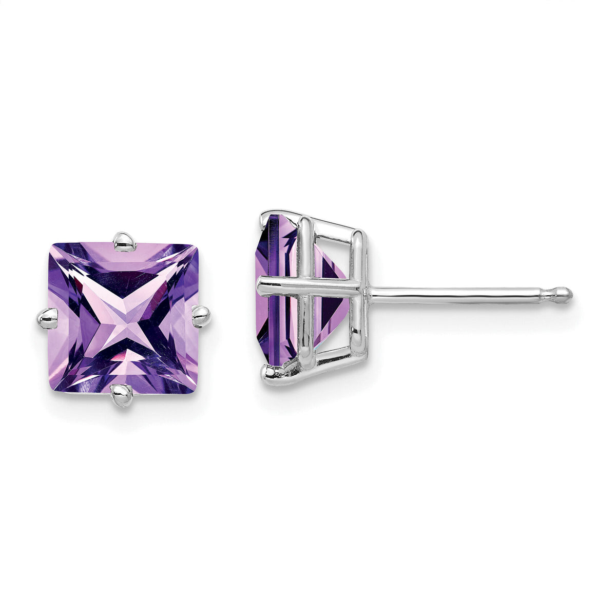 14k White Gold 7mm Princess Cut Amethyst Earrings-XE63WAM