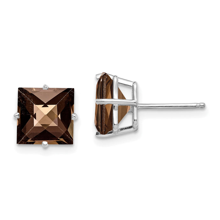 14kw Princess 4-Prong 8.0mm Checker-Cut Smoky Quartz Earrings-XE64WCQ