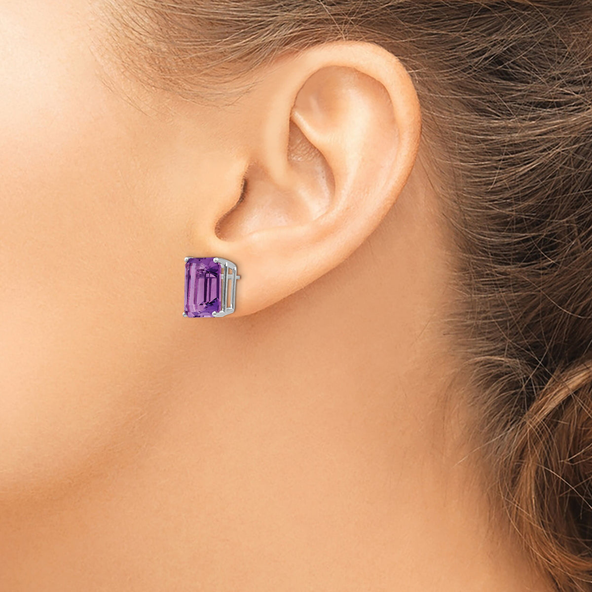 14k White Gold 12x10mm Emerald Cut Amethyst Earrings-XE70WAM