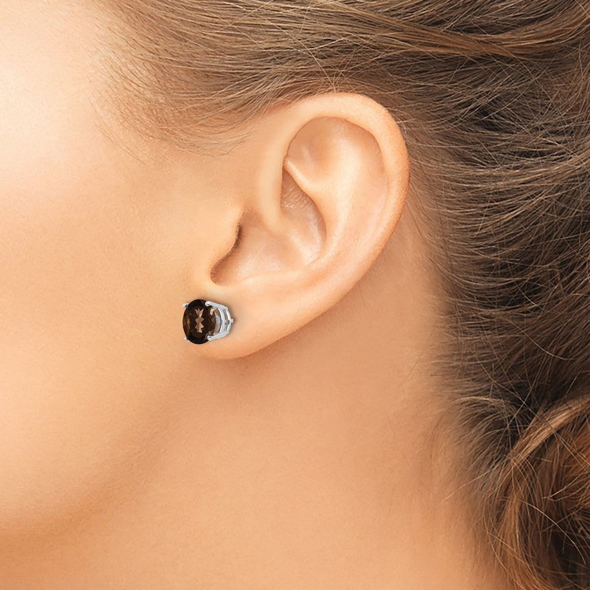 14kw 8mm Round Checker-Cut Smoky Quartz Earrings-XE75WCQ