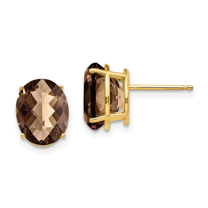 14k 10x8 Oval Checker-Cut Smoky Quartz Earrings-XE90CQ