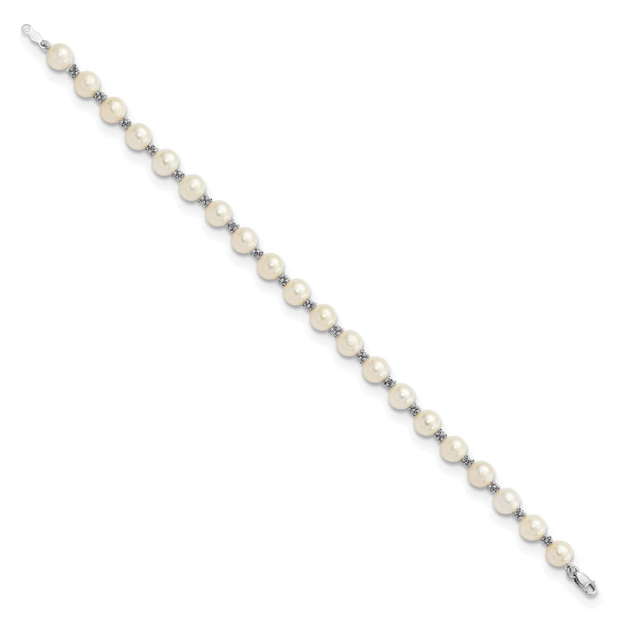 14k White Gold 6-7mm White Semi-round Freshwater Cultured Pearl Bracelet-XF155-7.25