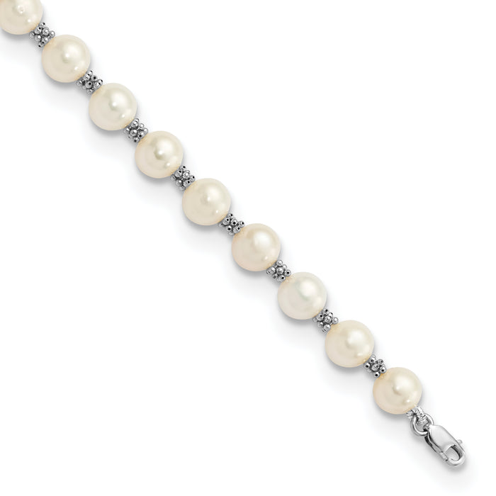 14k White Gold 6-7mm White Semi-round Freshwater Cultured Pearl Bracelet-XF155-7.25
