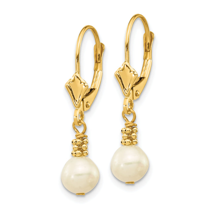 14K 5-6mm White Semi-round Freshwater Cultured Pearl Leverback Earrings-XF208