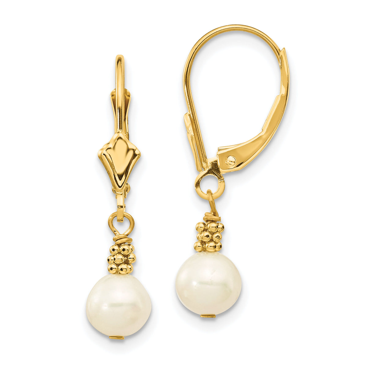 14K 5-6mm White Semi-round Freshwater Cultured Pearl Leverback Earrings-XF208