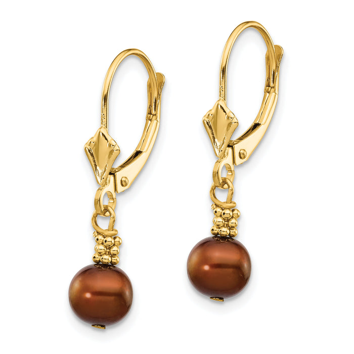 14K 5-6mm Brown Semi-round FW Cultured Pearl Leverback Earrings-XF210