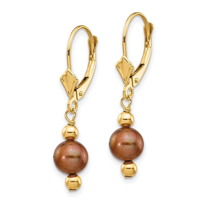 14K 5-6mm Semi-round Brown FW Cultured Pearl Leverback Earrings-XF211
