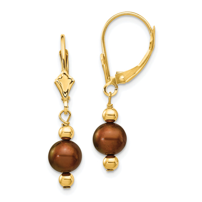 14K 5-6mm Semi-round Brown FW Cultured Pearl Leverback Earrings-XF211