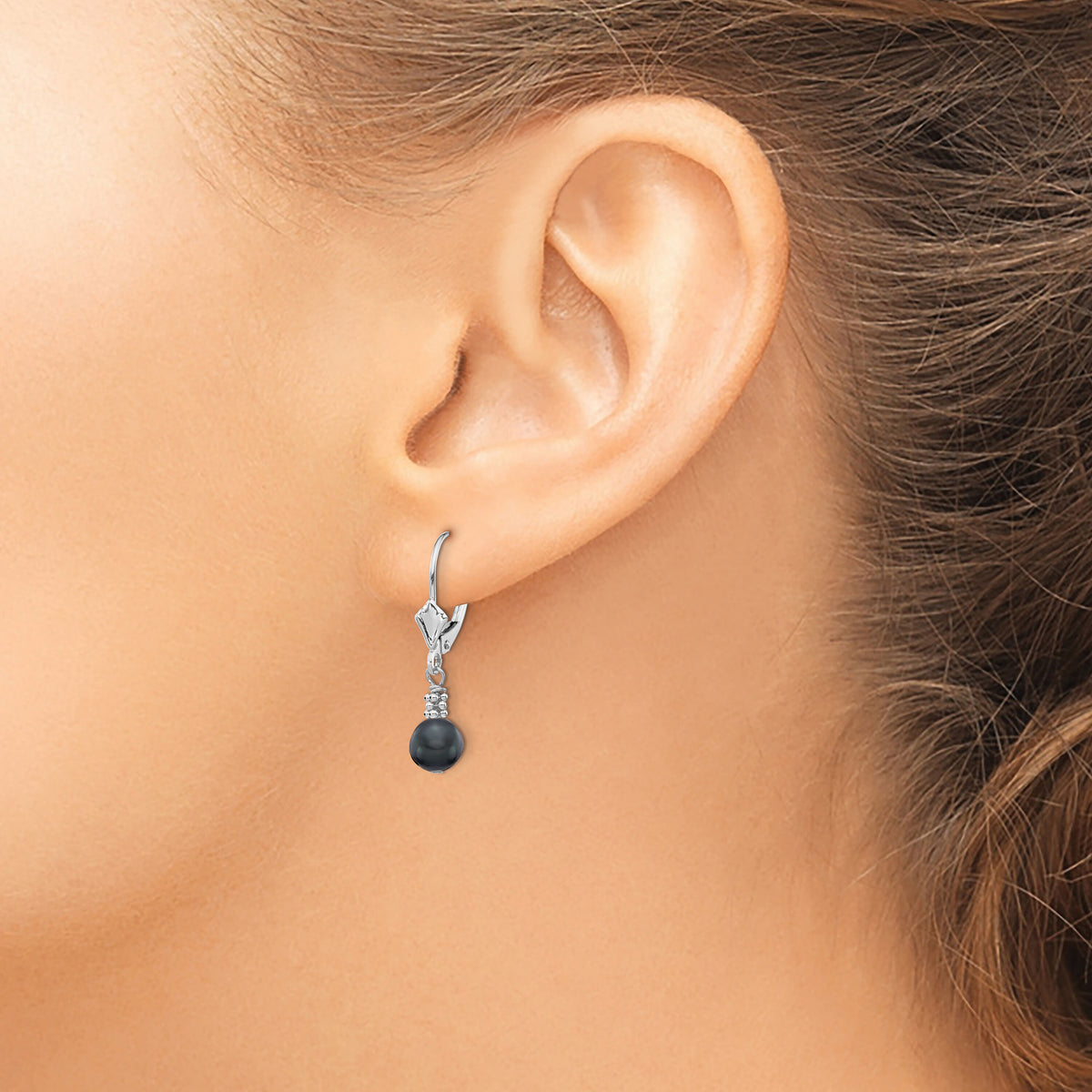 14K White Gold 5-6mm Black Semi-round FWC Pearl Leverback Earrings-XF214