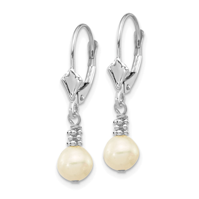 14K White Gold 5-6mm White Semi-round FWC Pearl Leverback Earrings-XF215