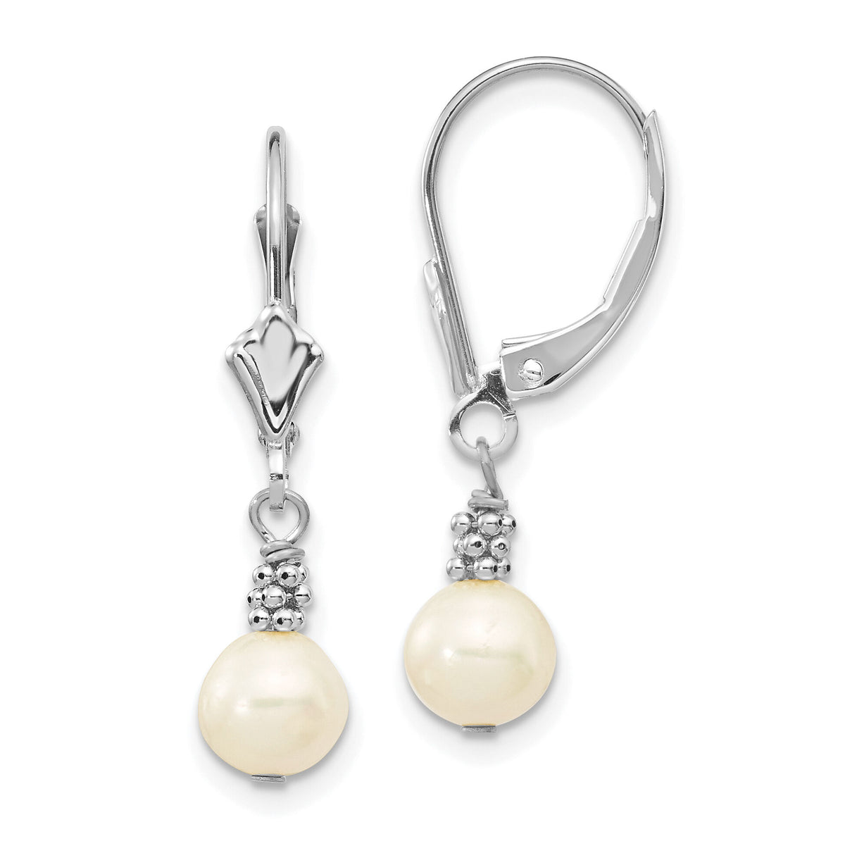 14K White Gold 5-6mm White Semi-round FWC Pearl Leverback Earrings-XF215