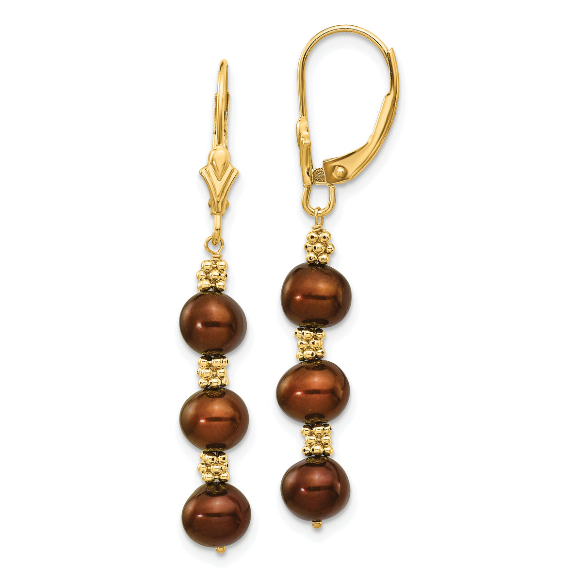 14K 5-6mm Brown Semi-round FW Cultured Pearl Leverback Earrings-XF216