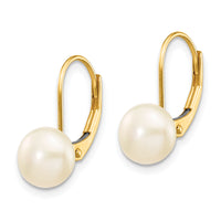 14K 7-8mm White Button Freshwater Cultured Pearl Leverback Earrings-XF246E