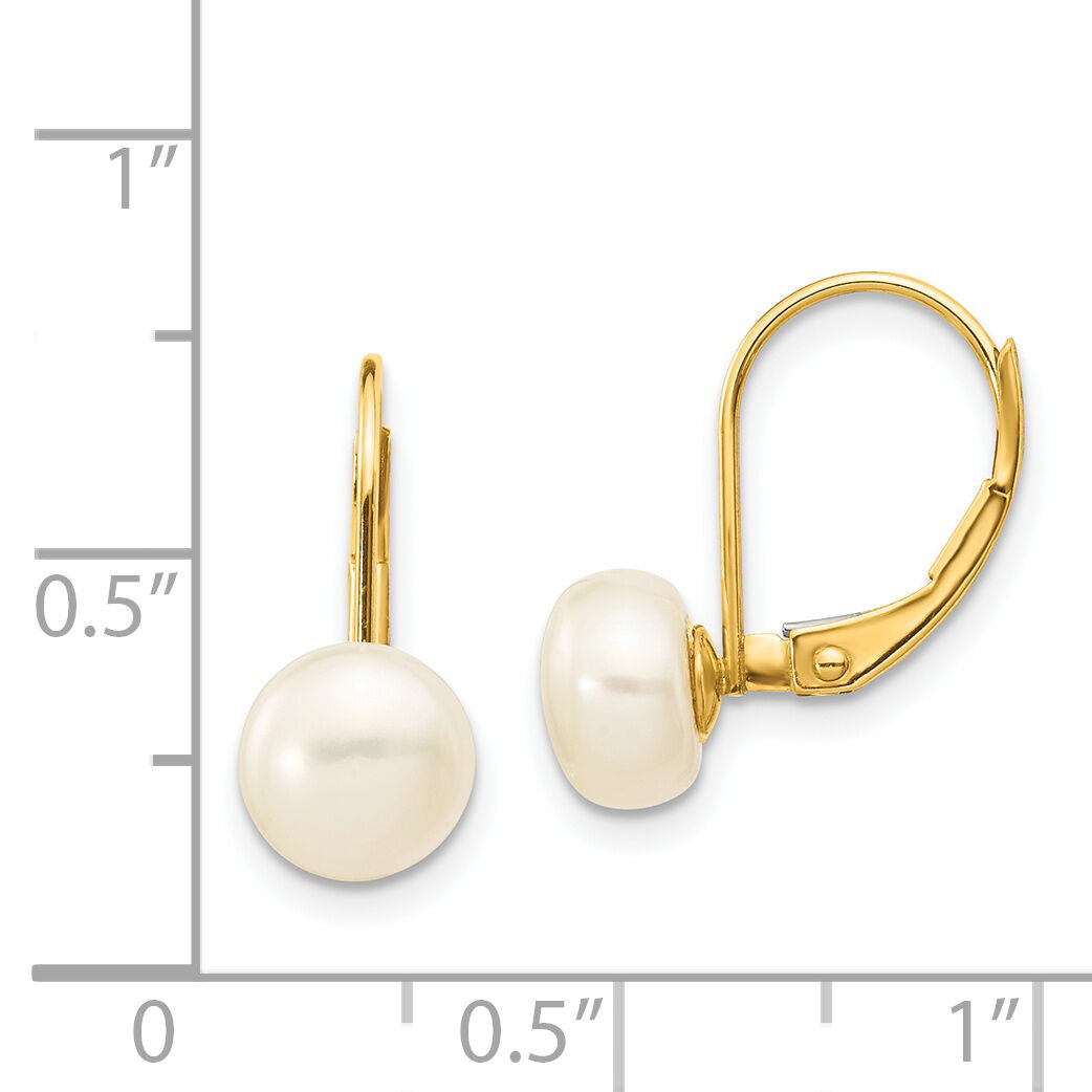 14K 7-8mm White Button Freshwater Cultured Pearl Leverback Earrings-XF246E