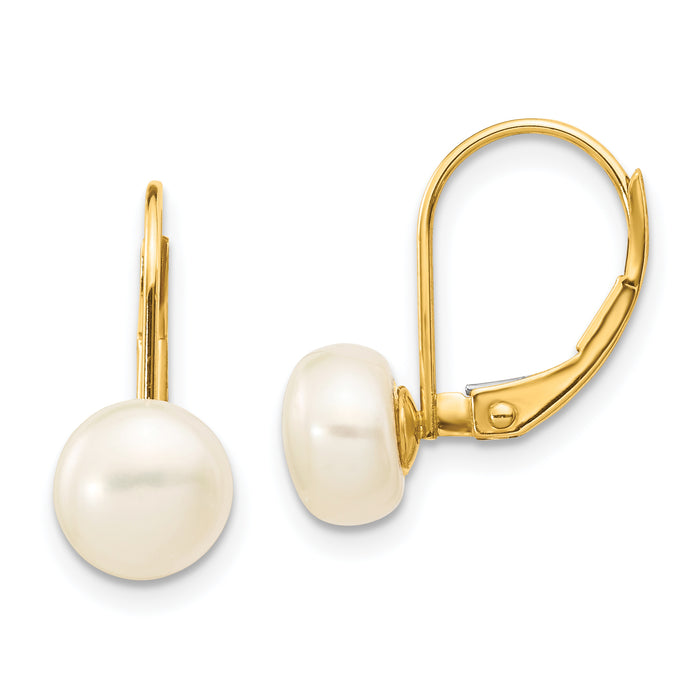 14K 7-8mm White Button Freshwater Cultured Pearl Leverback Earrings-XF246E