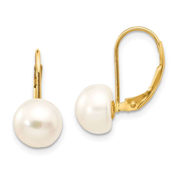 14K 8-9mm White Button Freshwater Cultured Pearl Leverback Earrings-XF247E
