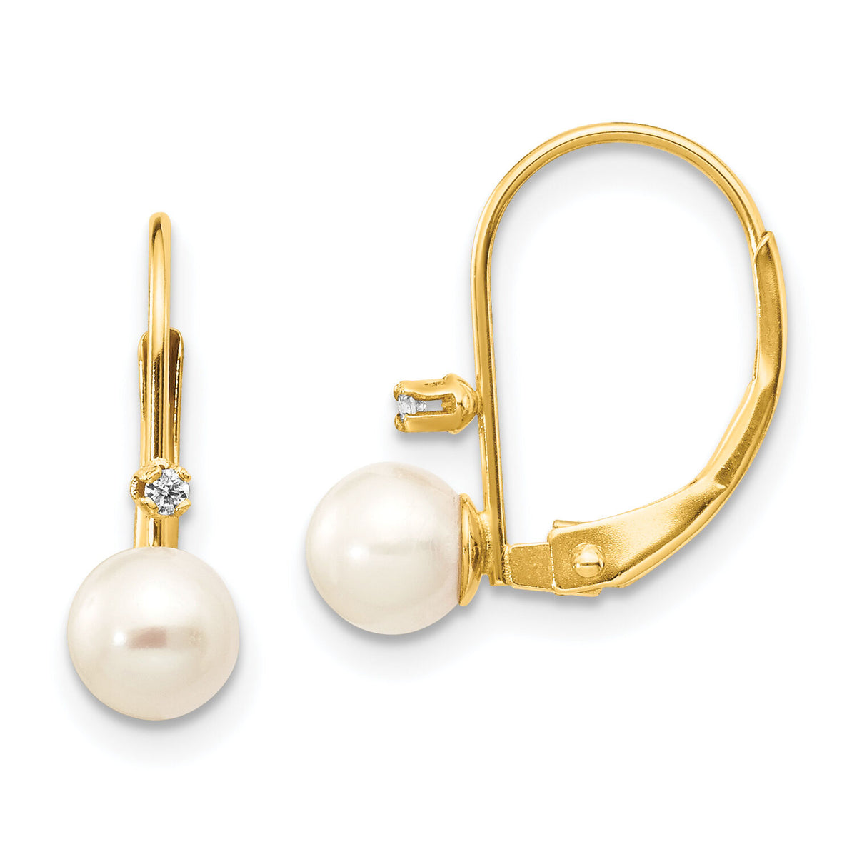 14K 5-6mm Round White FWC Pearl .02 ct. Diamond Leverback Earrings-XF248E