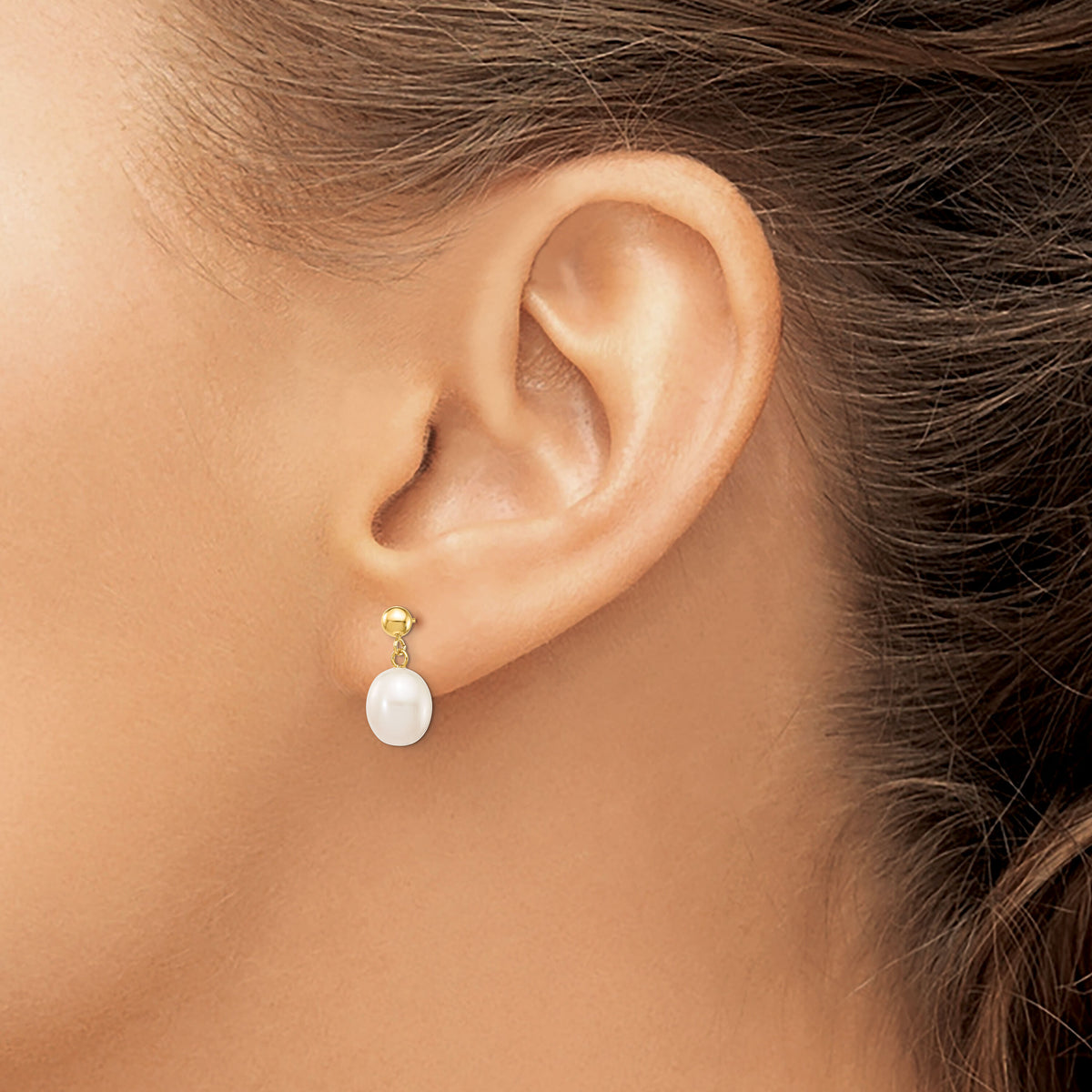 14k 8-9mm White Rice Freshwater Cultured Pearl Post Dangle Earrings-XF250E