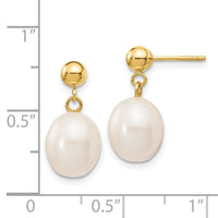 14k 8-9mm White Rice Freshwater Cultured Pearl Post Dangle Earrings-XF250E