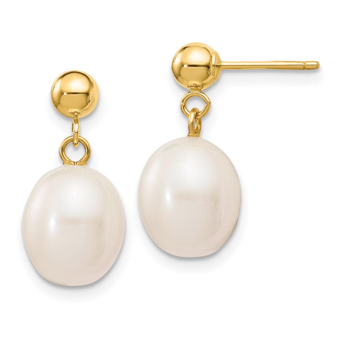 14k 8-9mm White Rice Freshwater Cultured Pearl Post Dangle Earrings-XF250E