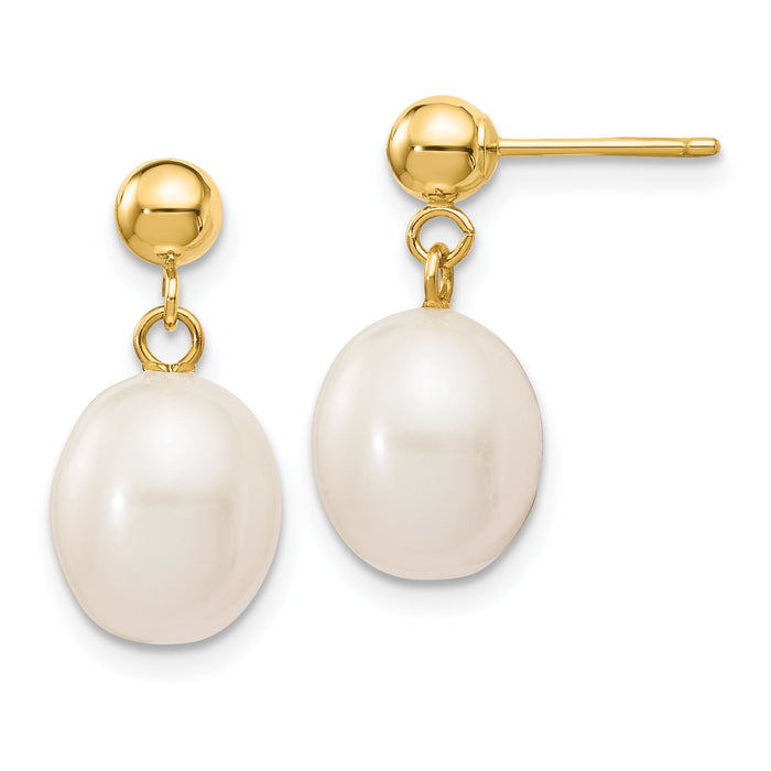 14k 8-9mm White Rice Freshwater Cultured Pearl Post Dangle Earrings-XF250E