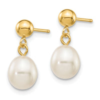 14k 6-7mm White Rice Freshwater Cultured Pearl Post Dangle Earrings-XF252E
