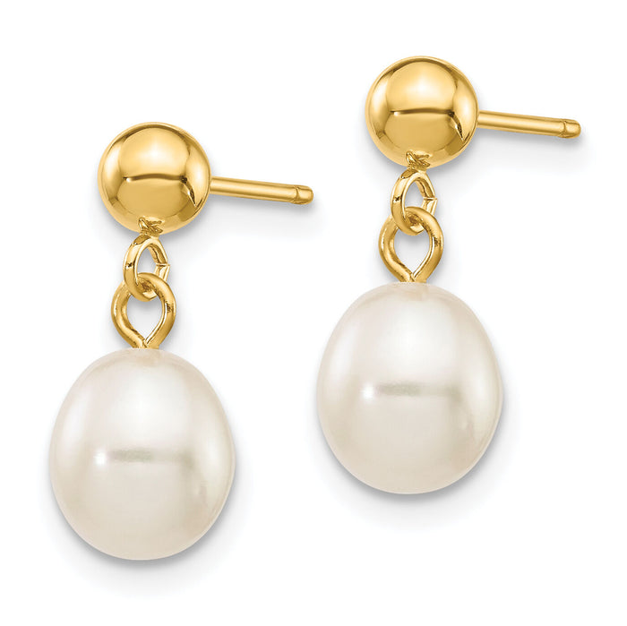 14k 6-7mm White Rice Freshwater Cultured Pearl Post Dangle Earrings-XF252E