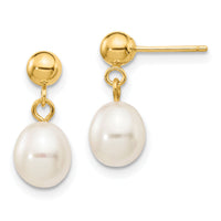 14k 6-7mm White Rice Freshwater Cultured Pearl Post Dangle Earrings-XF252E