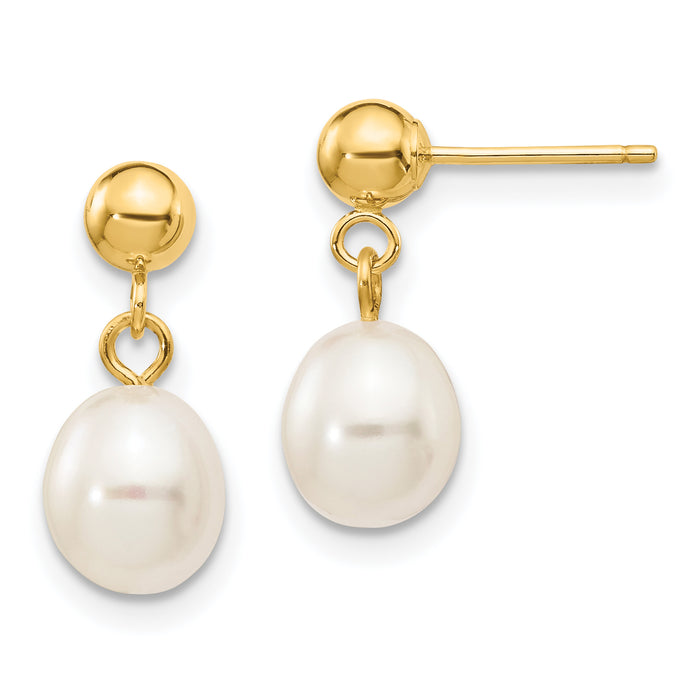 14k 6-7mm White Rice Freshwater Cultured Pearl Post Dangle Earrings-XF252E