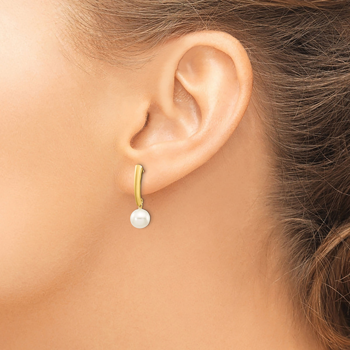 14K 6-7mm White Round Freshwater Cultured Pearl Post Dangle Earrings-XF263E
