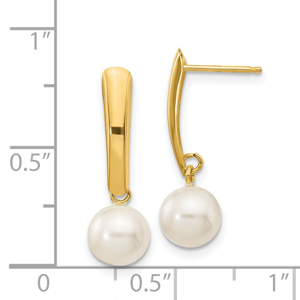 14K 6-7mm White Round Freshwater Cultured Pearl Post Dangle Earrings-XF263E