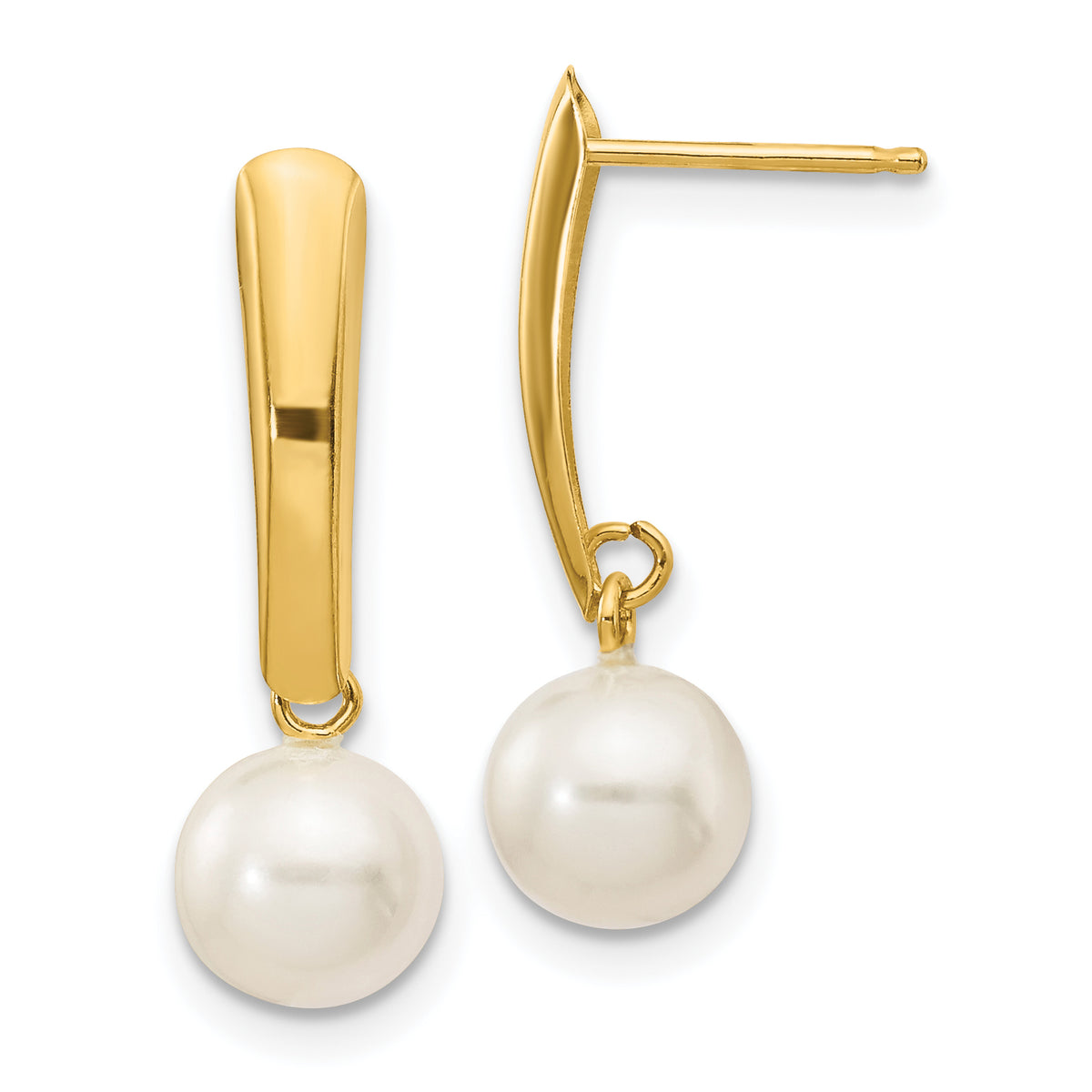 14K 6-7mm White Round Freshwater Cultured Pearl Post Dangle Earrings-XF263E